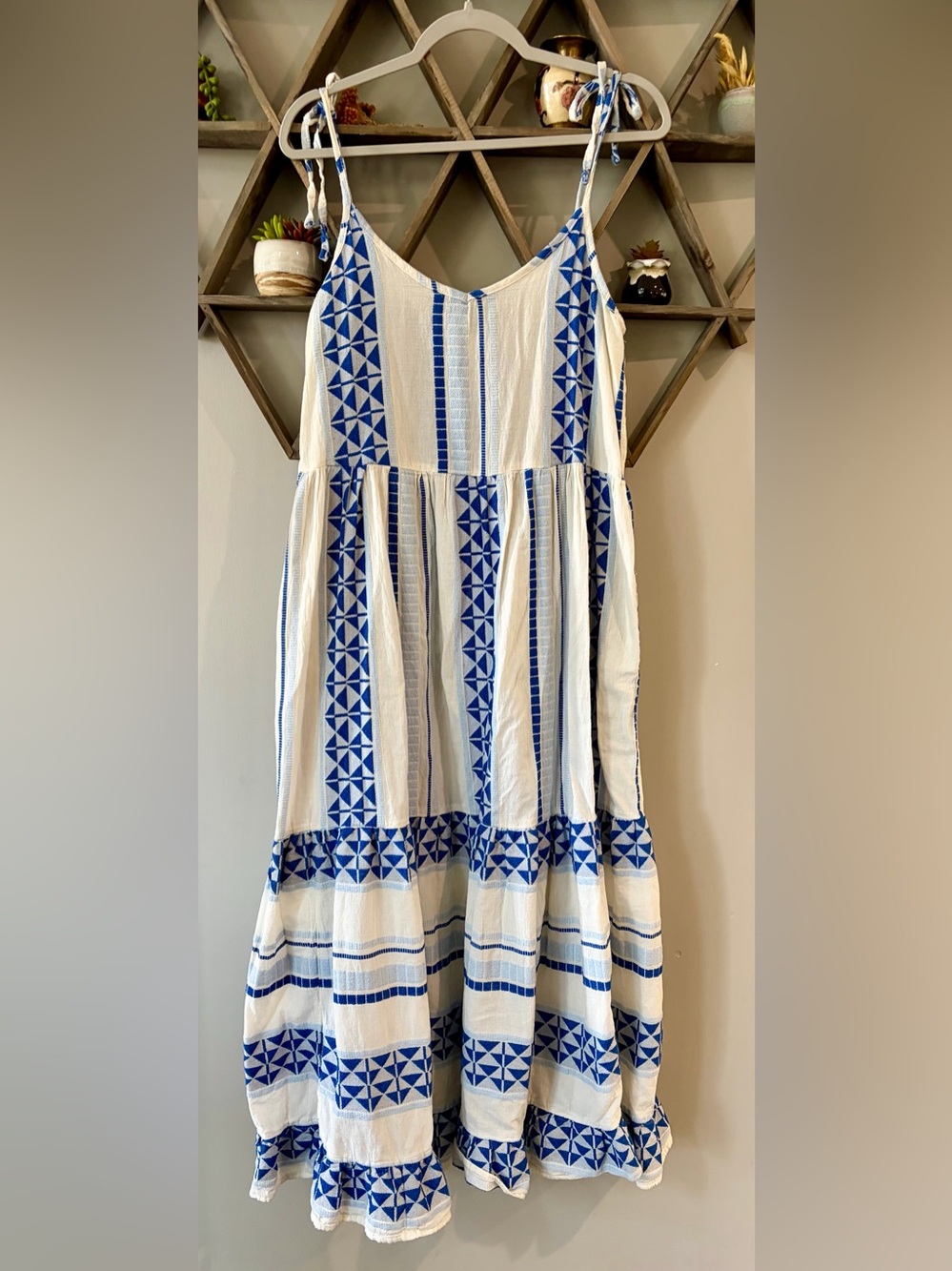Pearl & Caviar Blue & White Stripe Geo print maxi dress. Size Medium/Large.